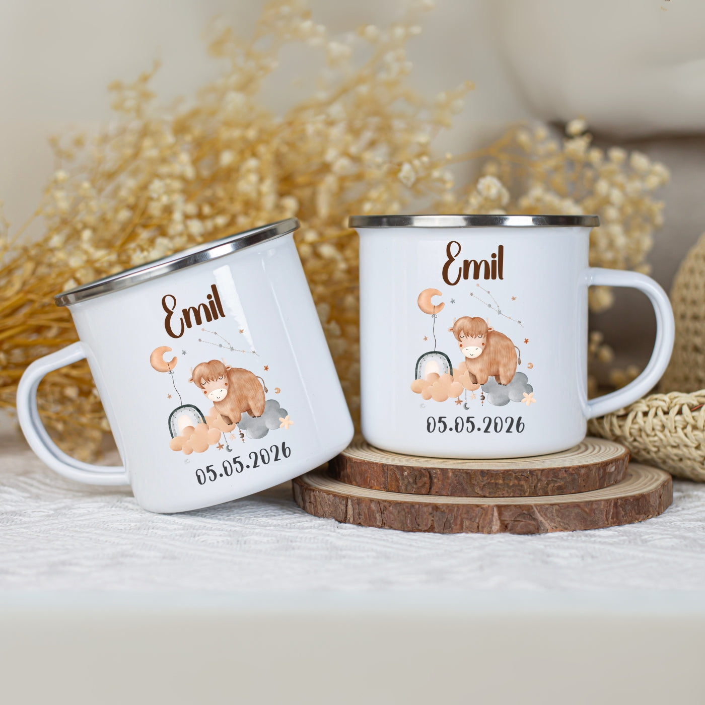 Emaille Tasse personalisiert – Sternzeichen Kindertasse mit Namen und Geburtsdatum – Bruchsicher