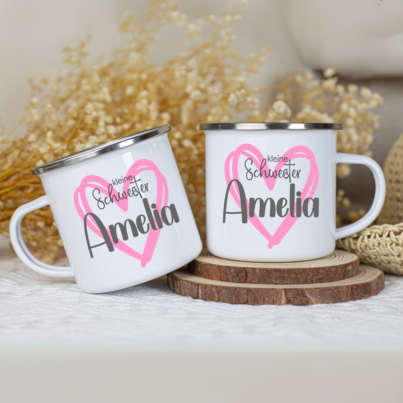 Emaille Tasse personalisiert – Kindertasse mit Namen für Geschwister – Große Schwester, Kleiner Bruder, Beste Schwester