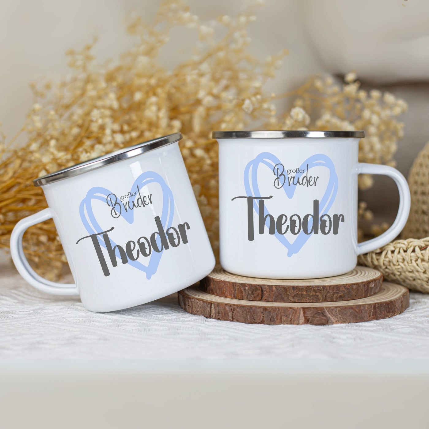 Emaille Tasse personalisiert – Kindertasse mit Namen für Geschwister – Große Schwester, Kleiner Bruder, Beste Schwester