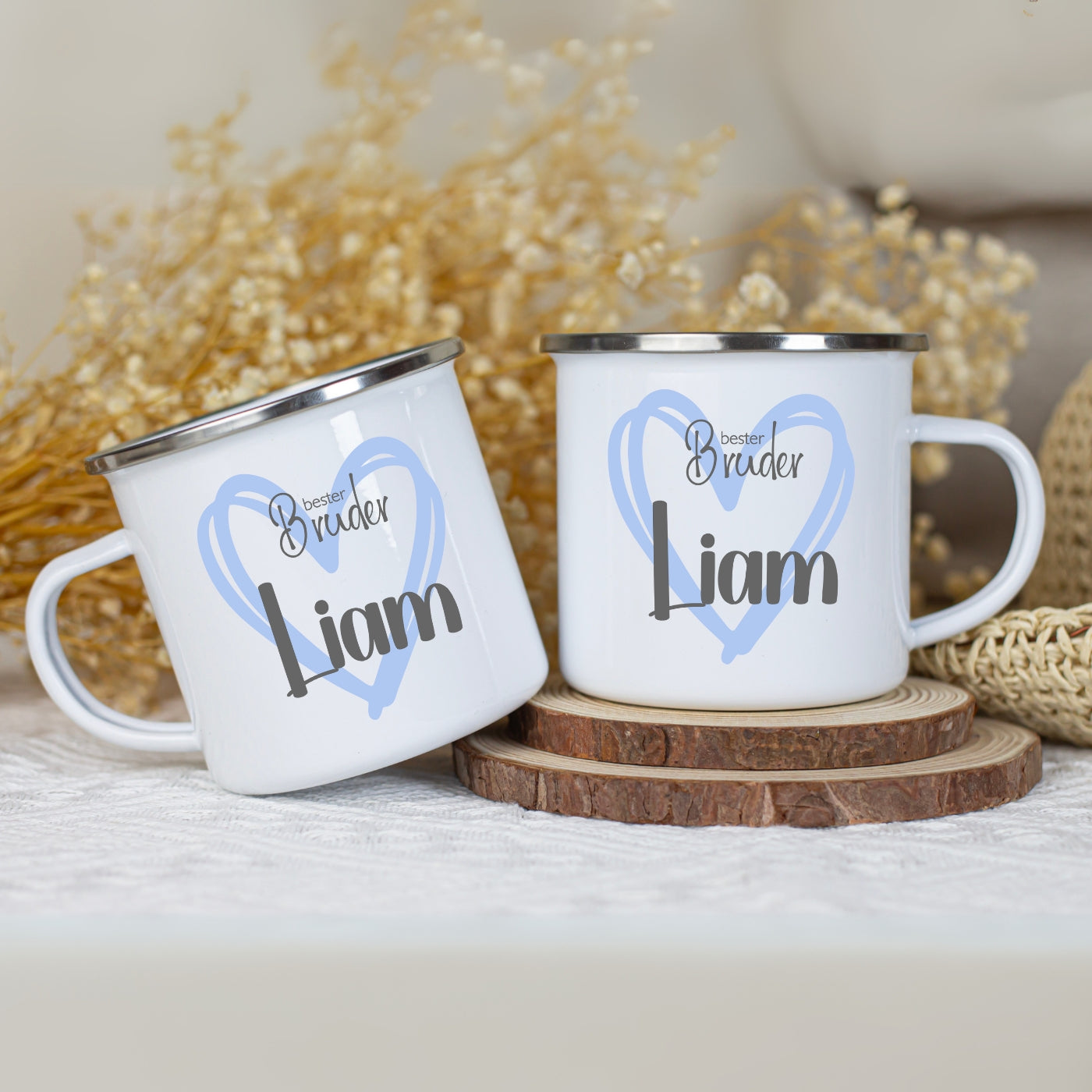 Emaille Tasse personalisiert – Kindertasse mit Namen für Geschwister – Große Schwester, Kleiner Bruder, Beste Schwester
