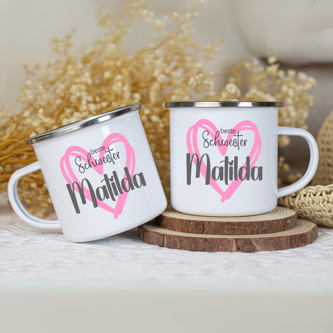 Emaille Tasse personalisiert – Kindertasse mit Namen für Geschwister – Große Schwester, Kleiner Bruder, Beste Schwester