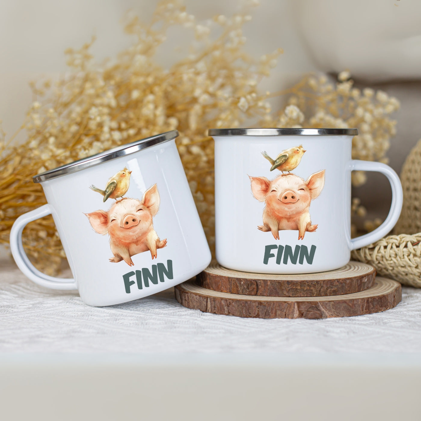 Emaille Tasse personalisiert – Kindertasse mit Namen und bunten Tiermotiven
