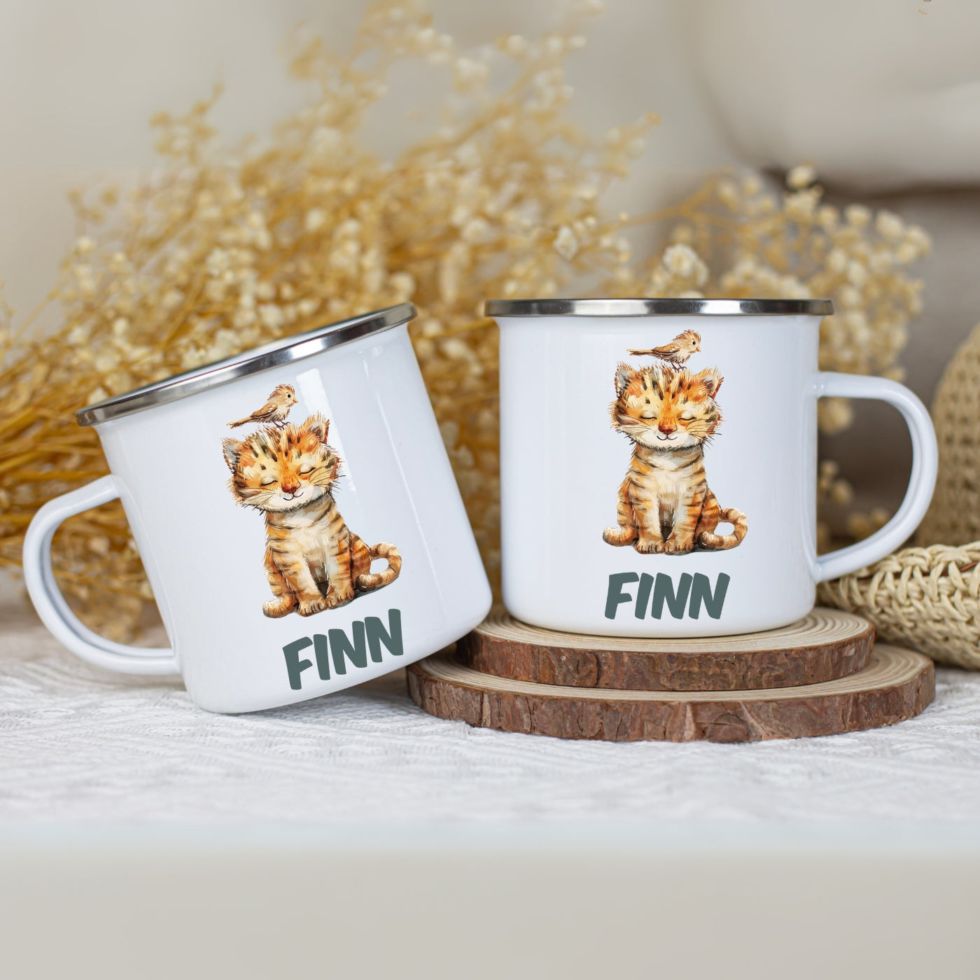Emaille Tasse personalisiert – Kindertasse mit Namen und bunten Tiermotiven