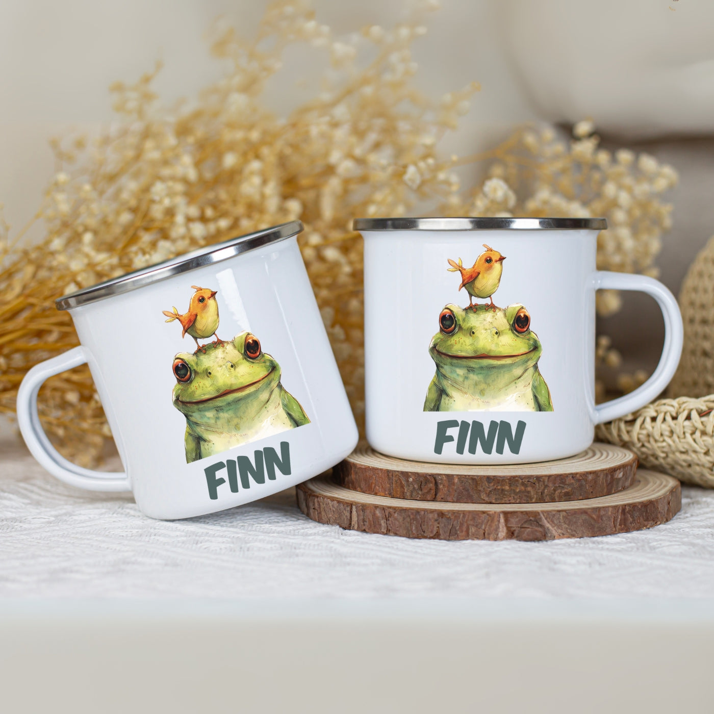 Emaille Tasse personalisiert – Kindertasse mit Namen und bunten Tiermotiven