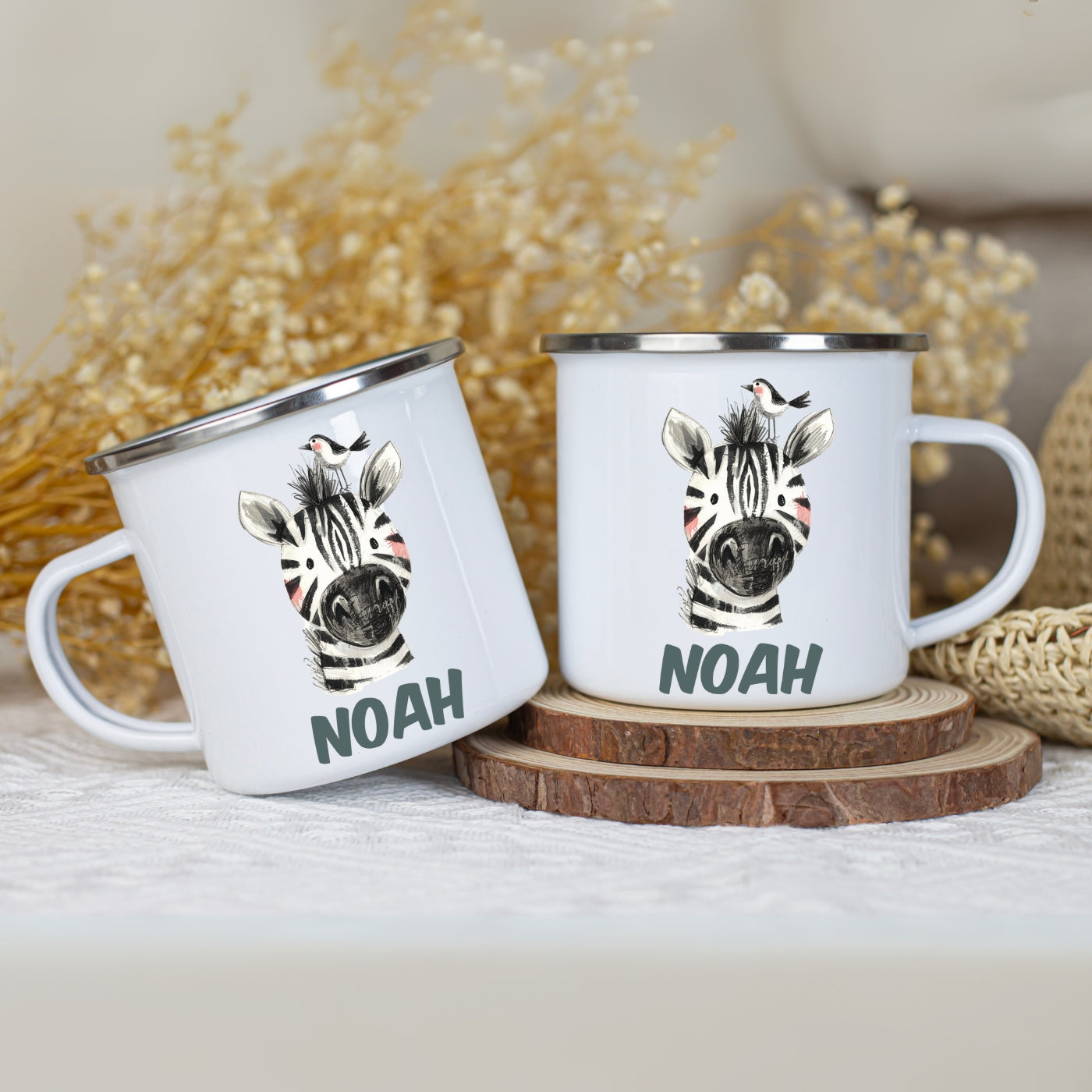 Emaille Tasse personalisiert – Kindertasse mit Namen und bunten Tiermotiven