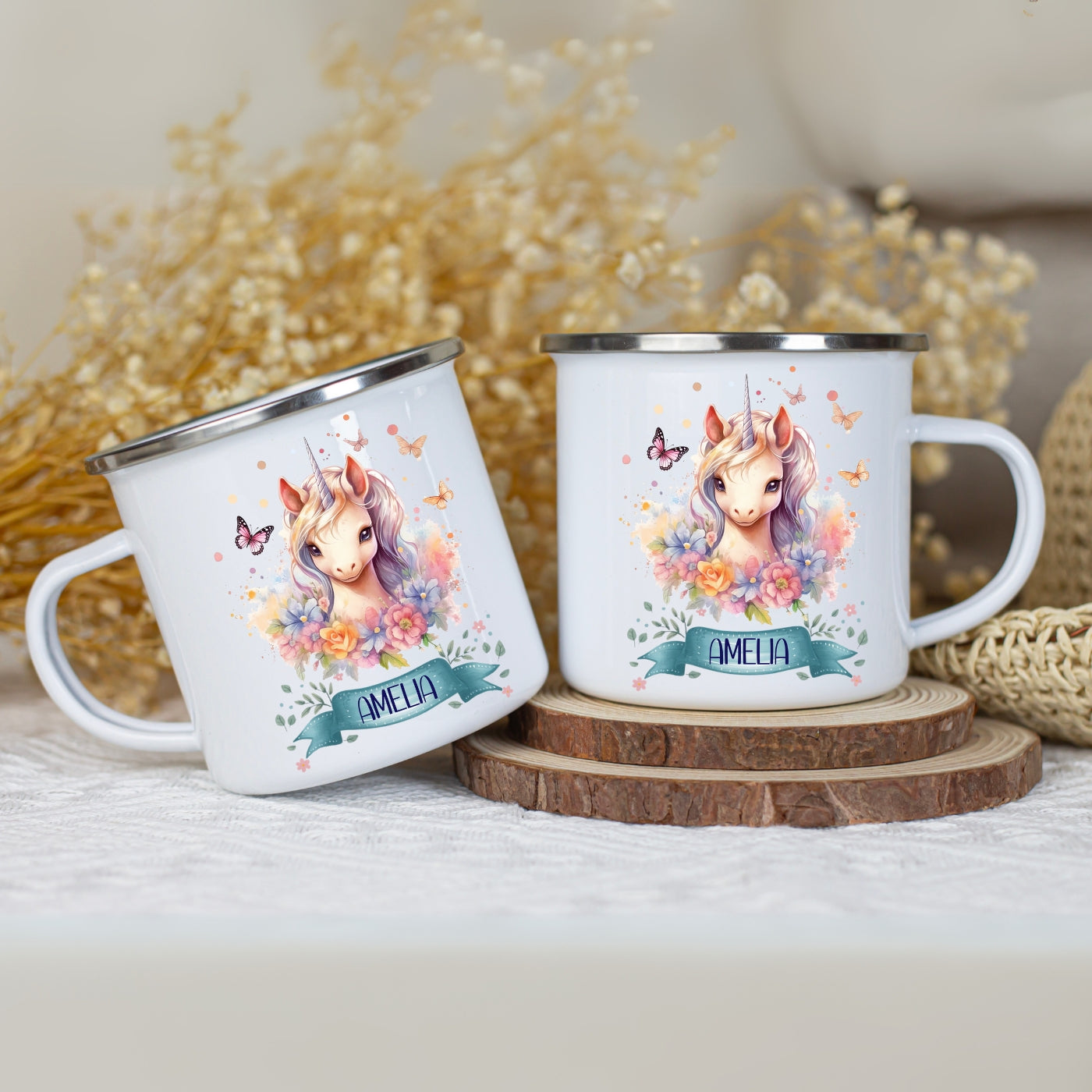 Emaille Tasse personalisiert – Kindertasse mit Einhorn und Namen