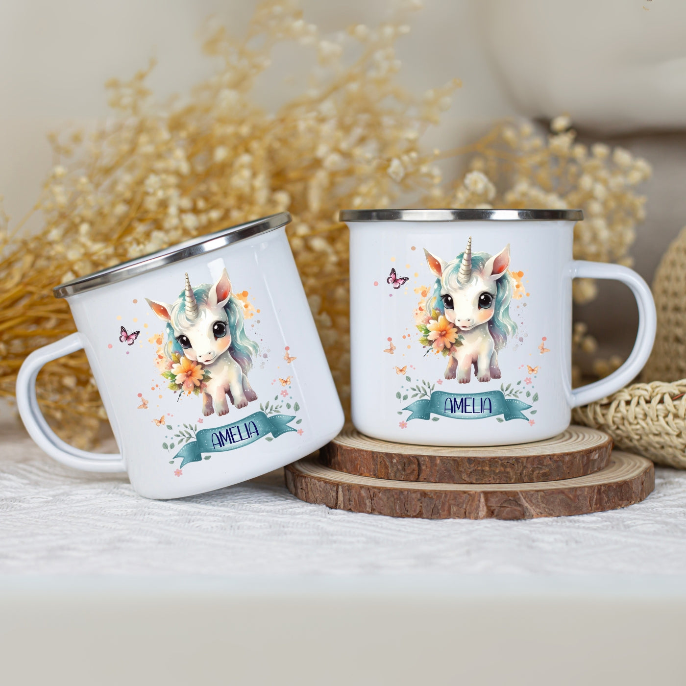 Emaille Tasse personalisiert – Kindertasse mit Einhorn und Namen