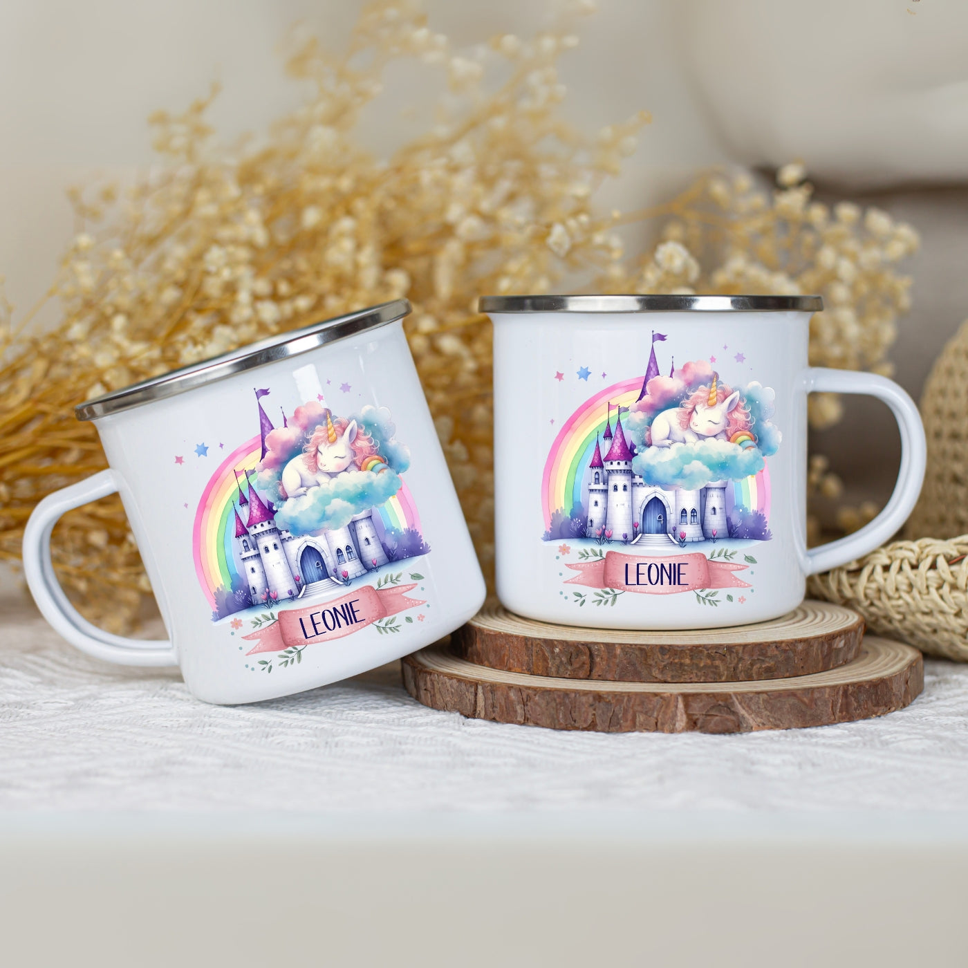Emaille Tasse personalisiert – Kindertasse mit Einhorn und Namen
