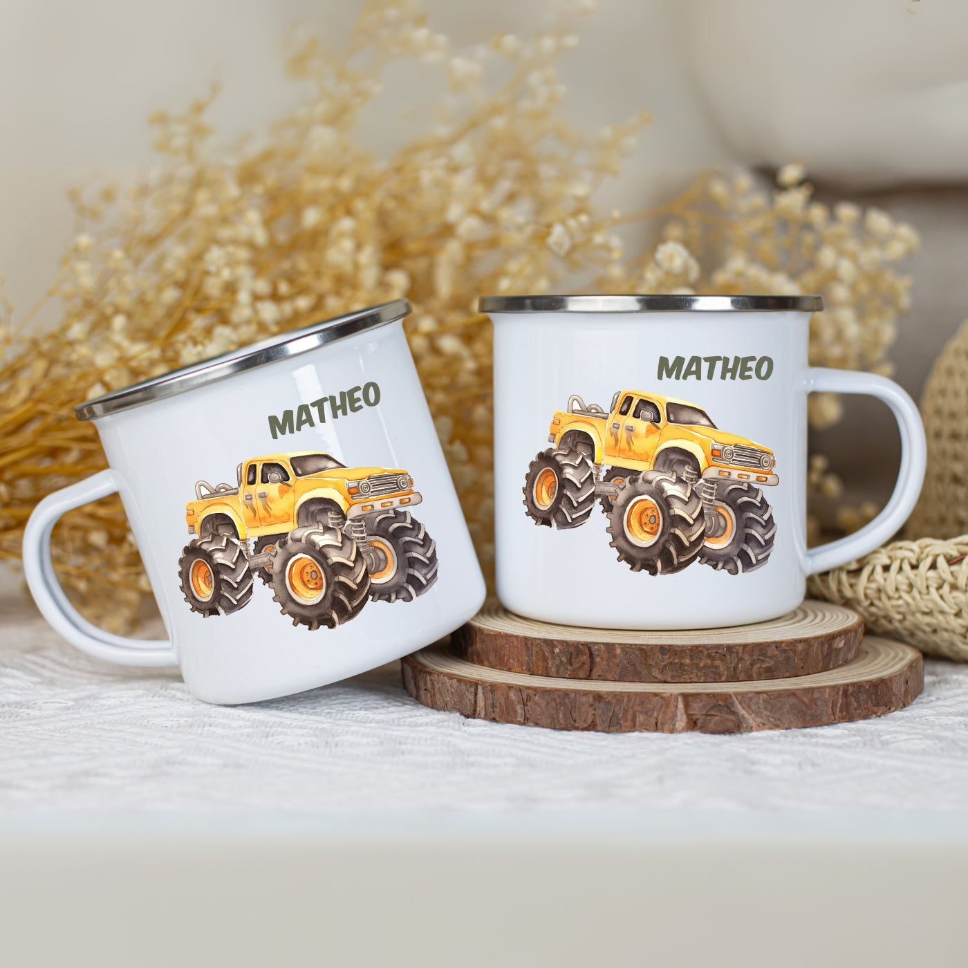 Emaille Tasse Autos personalisiert – Kindertasse mit Namen und Rennwagen