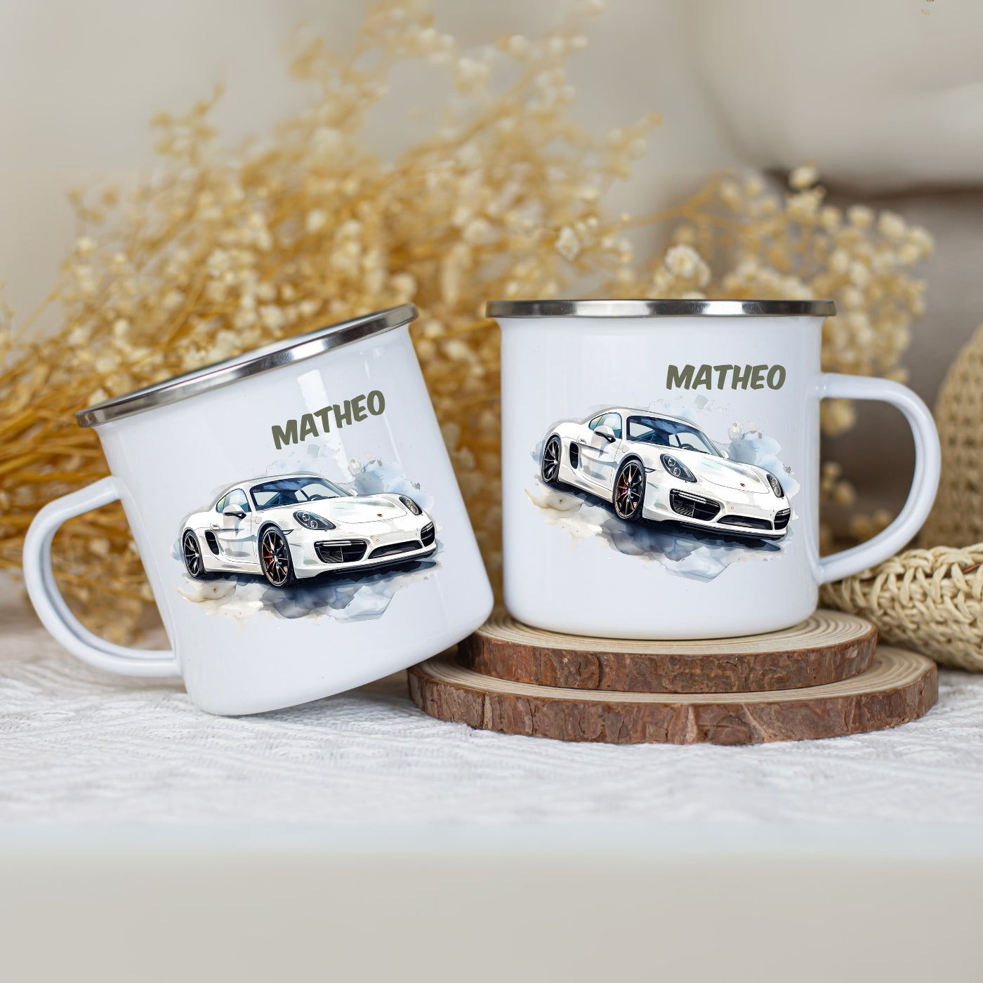 Emaille Tasse Autos personalisiert – Kindertasse mit Namen und Rennwagen