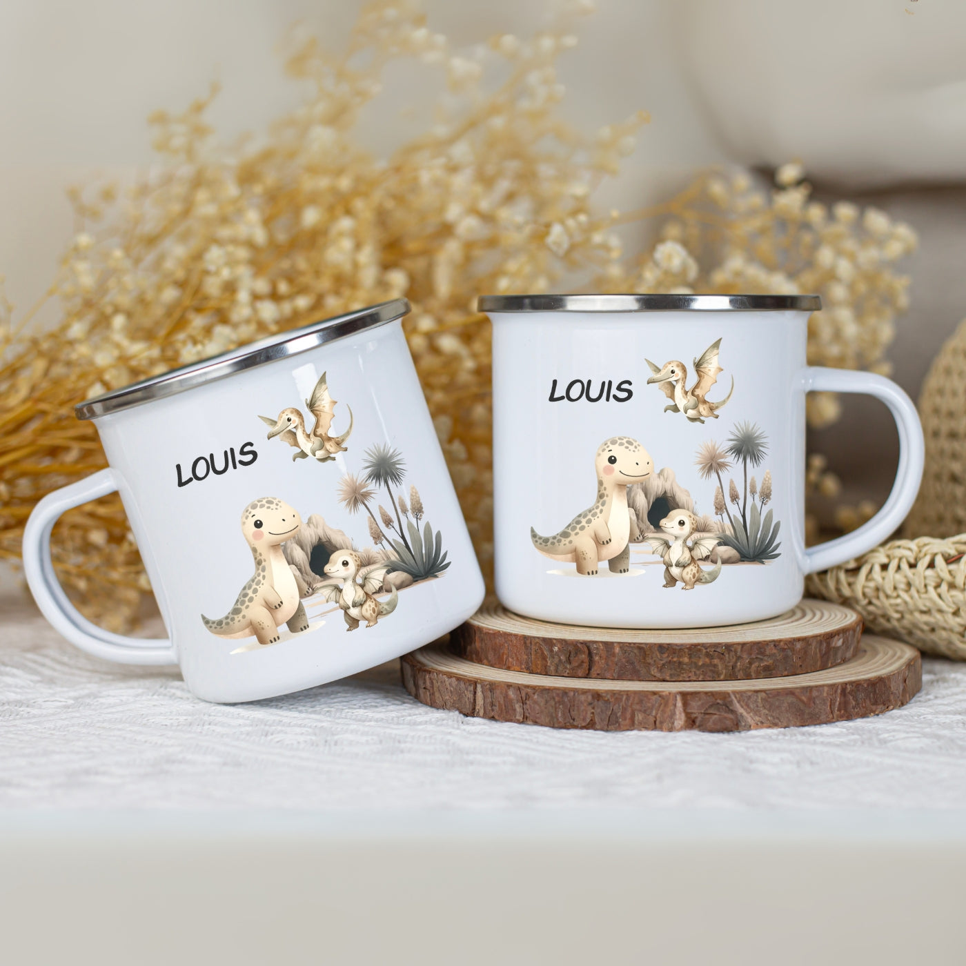 Emaille Tasse personalisiert – Kindertasse mit Namen und Dinosaurier