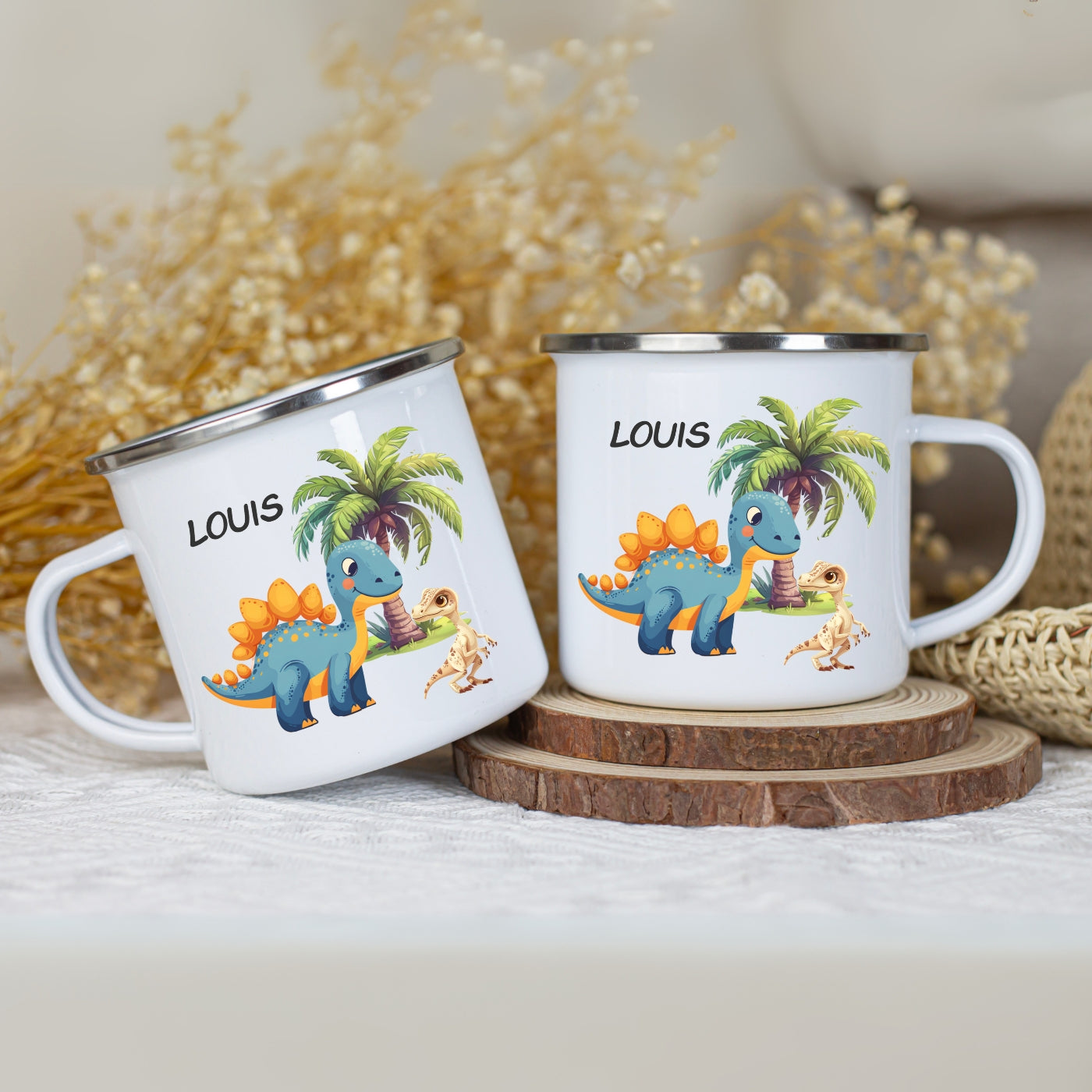 Emaille Tasse personalisiert – Kindertasse mit Namen und Dinosaurier