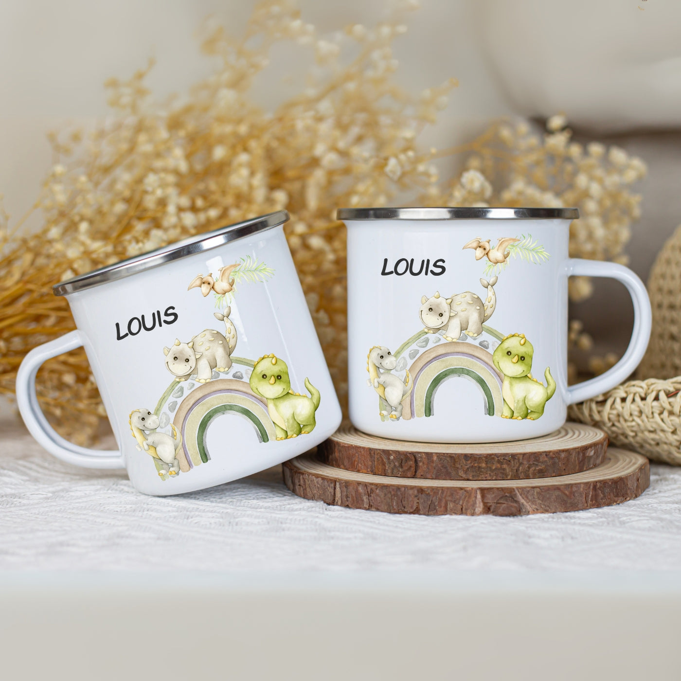 Emaille Tasse personalisiert – Kindertasse mit Namen und Dinosaurier
