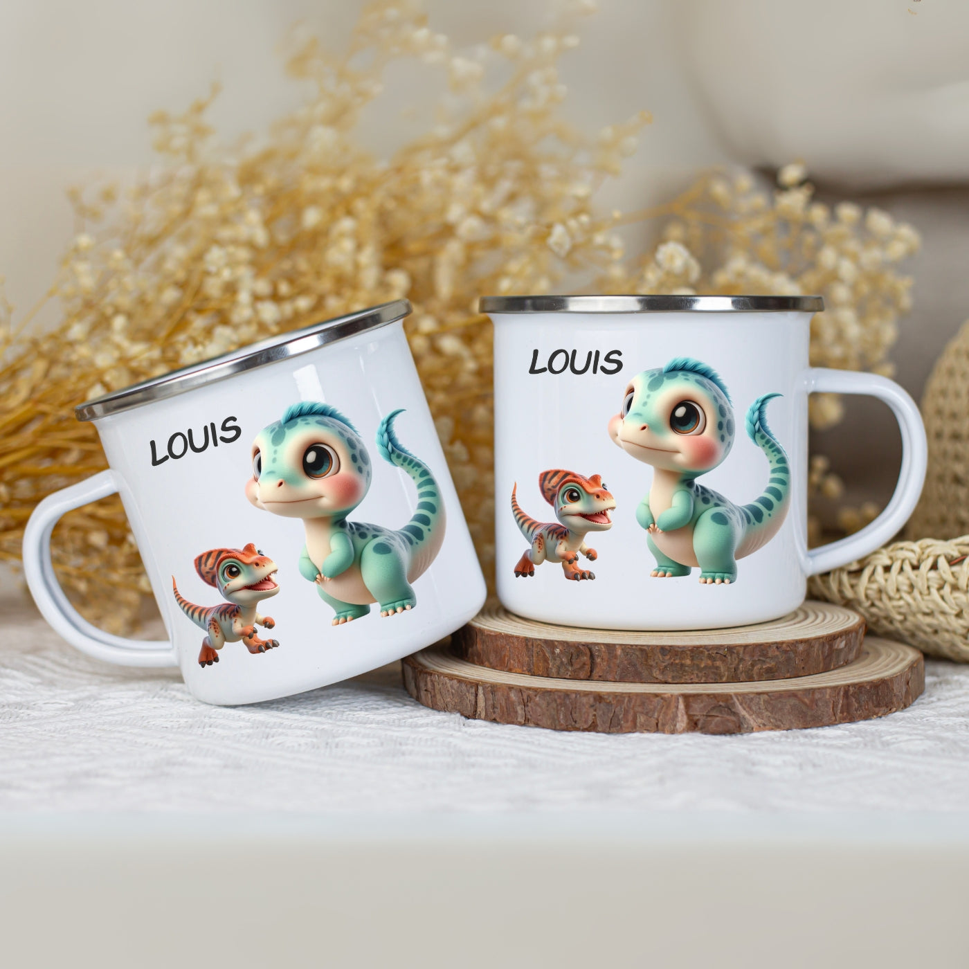 Emaille Tasse personalisiert – Kindertasse mit Namen und Dinosaurier