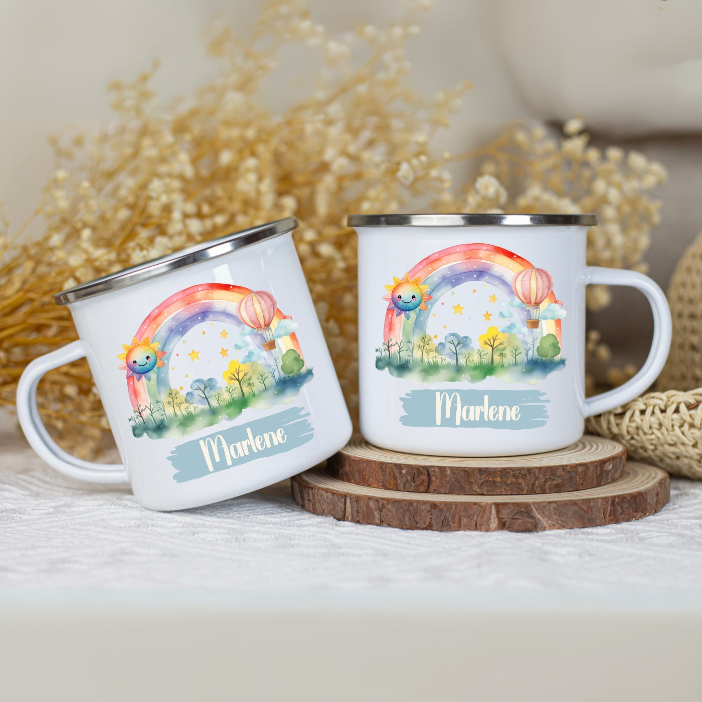 Emaille Tasse personalisiert – Kindertasse mit Namen und Regenbogen