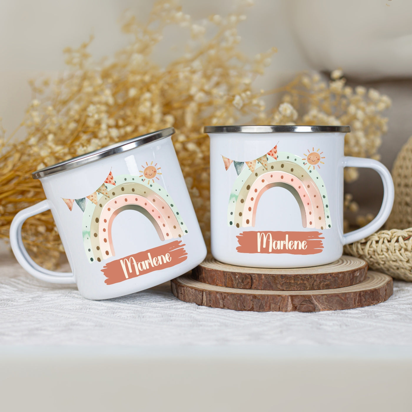 Emaille Tasse personalisiert – Kindertasse mit Namen und Regenbogen