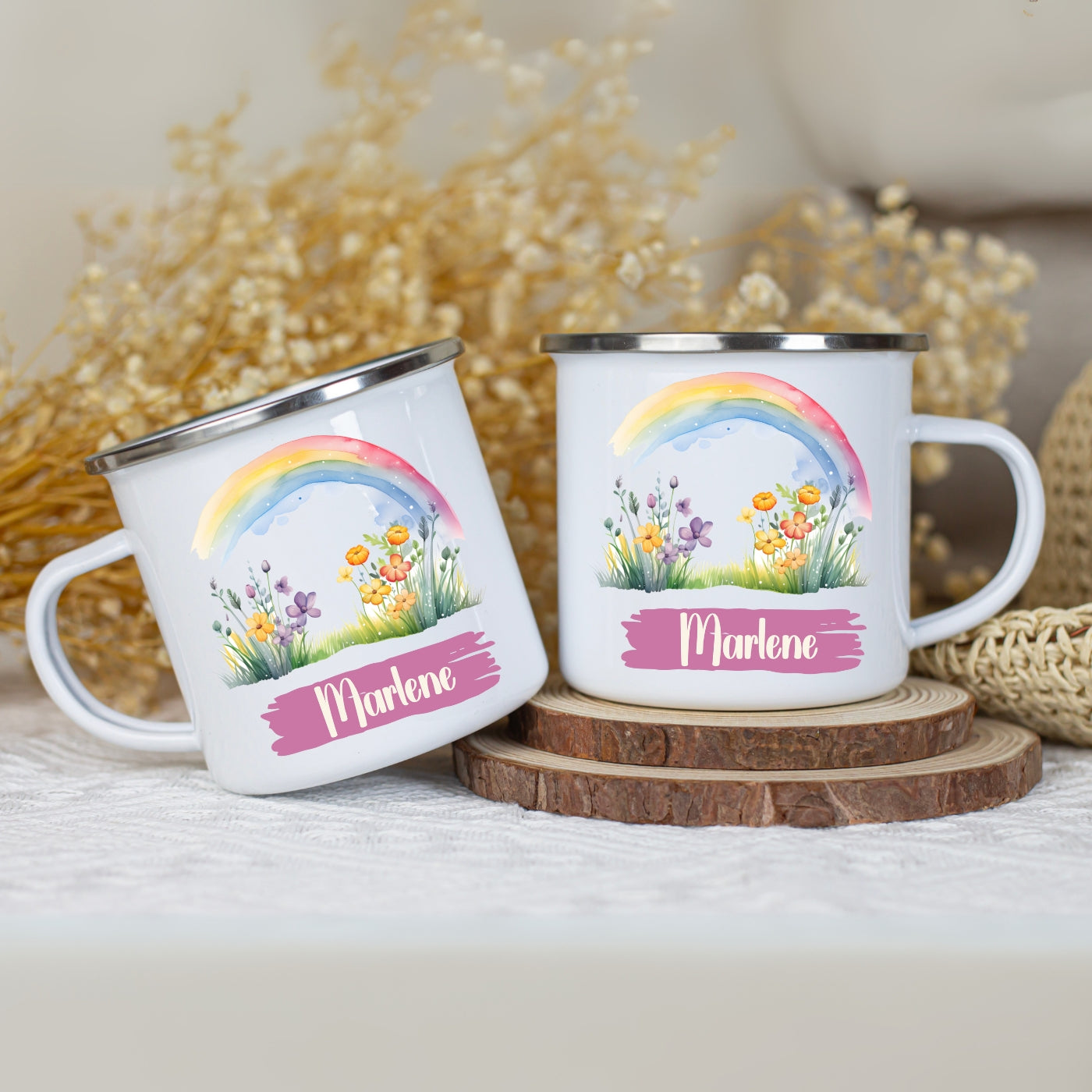 Emaille Tasse personalisiert – Kindertasse mit Namen und Regenbogen