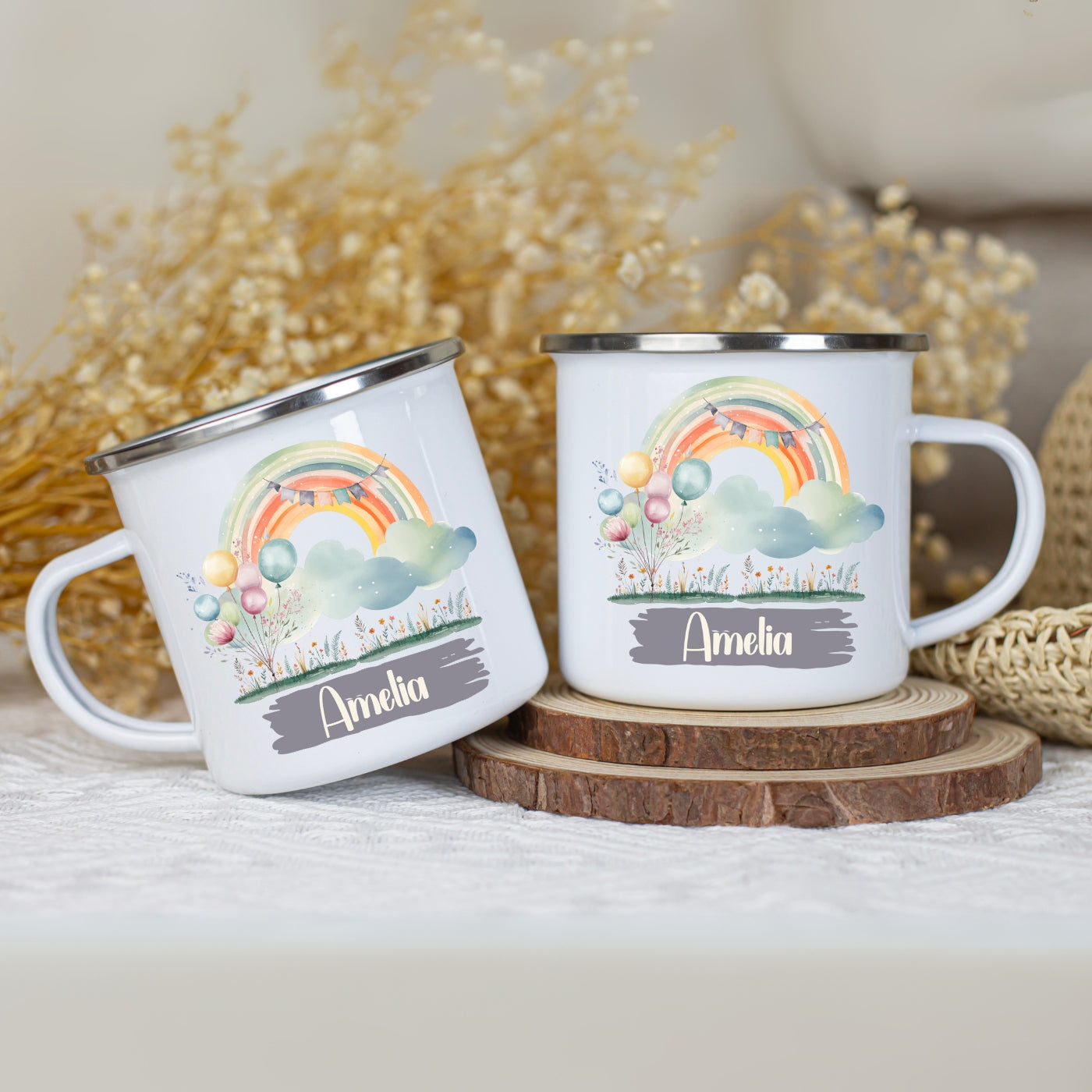 Emaille Tasse personalisiert – Kindertasse mit Namen und Regenbogen