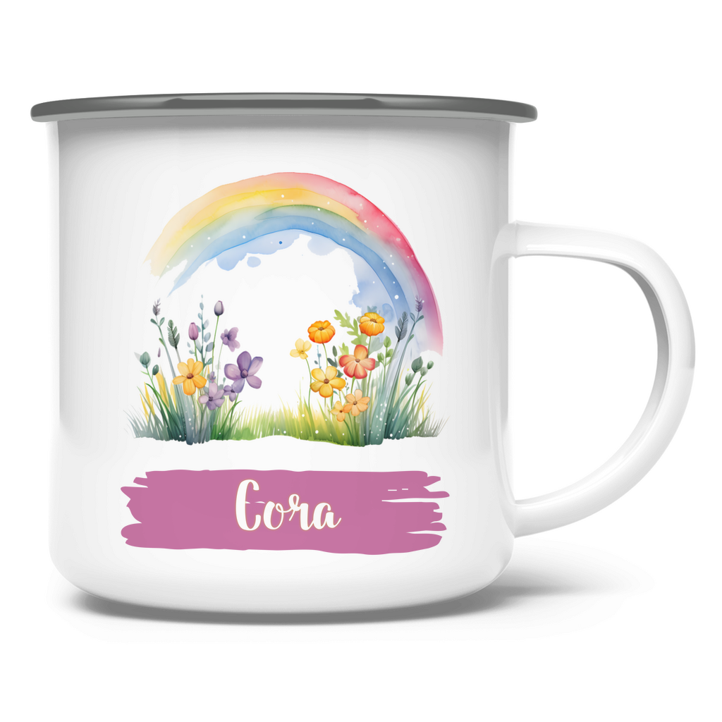 Emaille Tasse personalisiert – Kindertasse mit Namen und Regenbogen