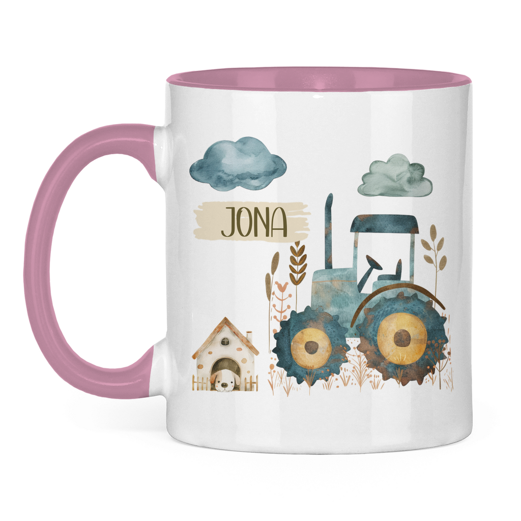 Kindertasse personalisiert – Keramiktasse mit Traktor und Namen für Kinder