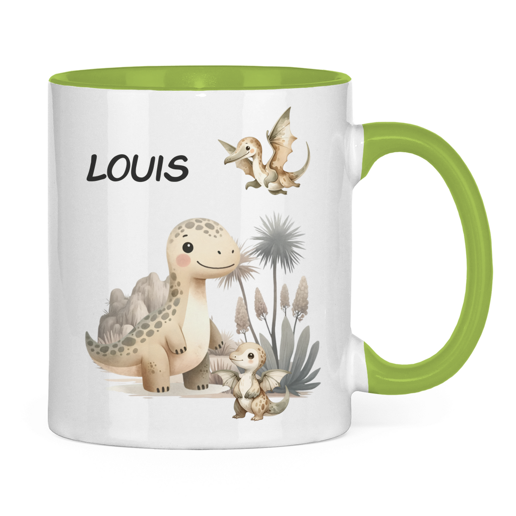 Kindertasse personalisiert – Keramiktasse mit Dinosaurier und Namen für Kinder