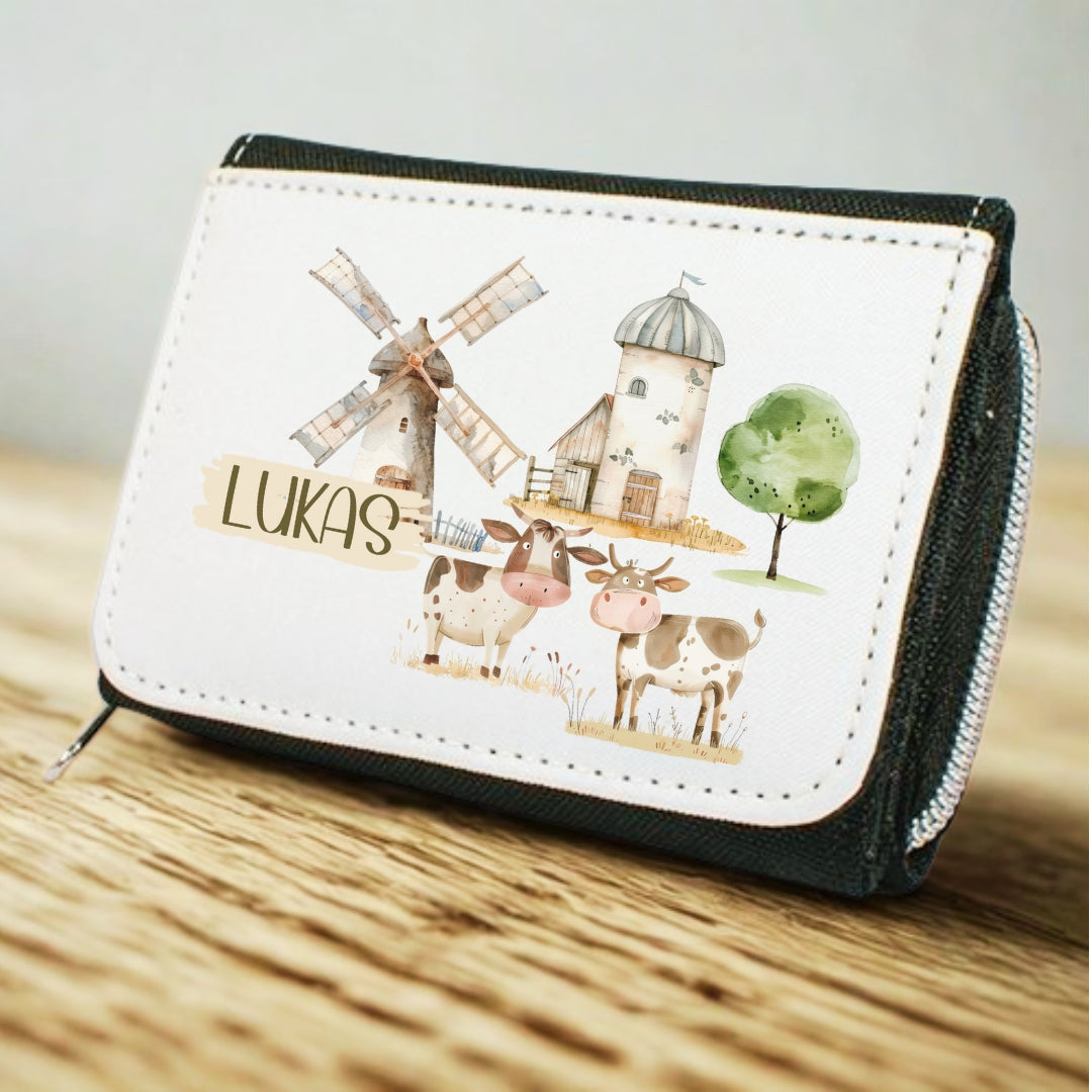 Kinder Geldbeutel Bauernhof personalisiert – Traktor, Pferd & Dorf Motiv