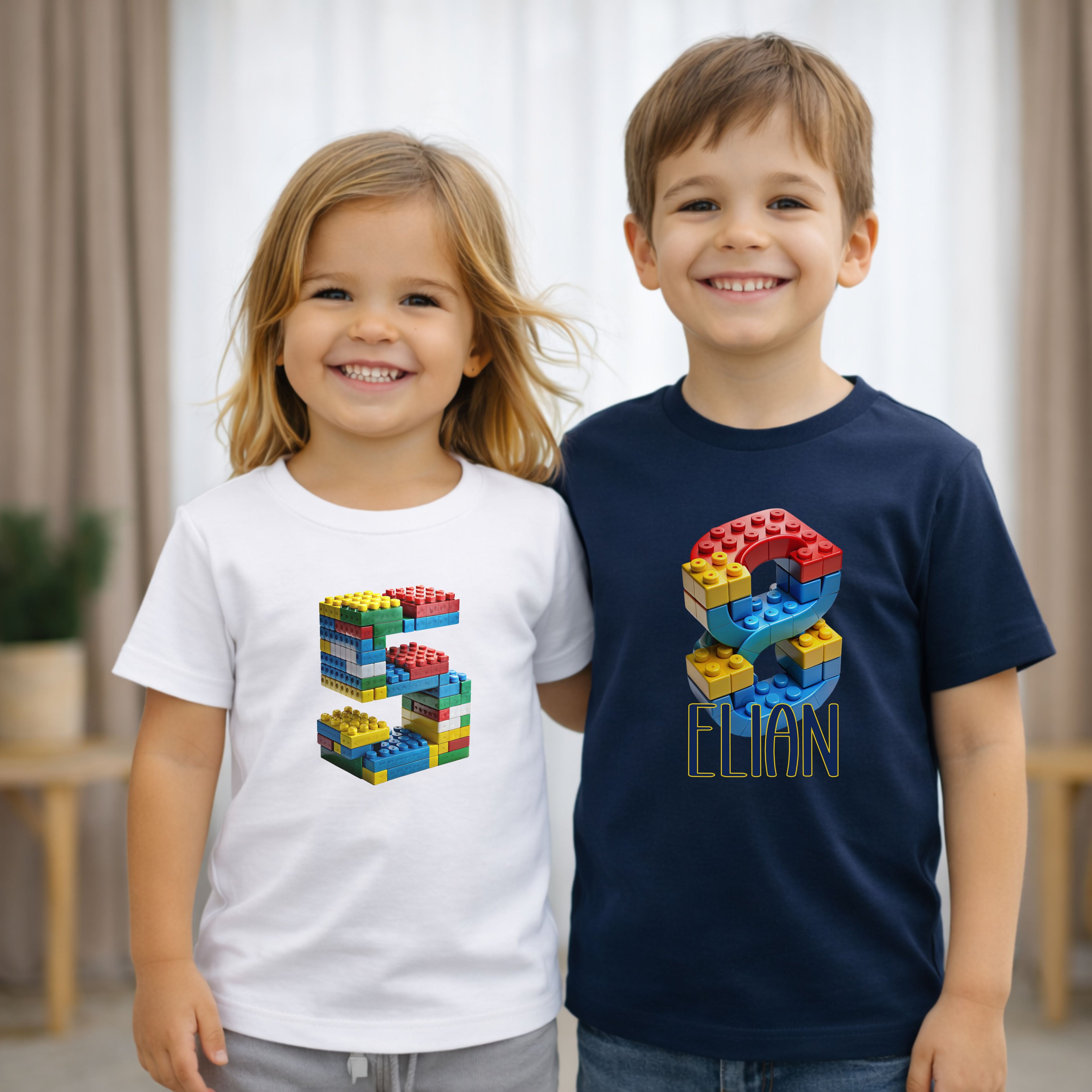 Geburtstagsshirt Kinder mit Bausteine Motiv und personalisiertem Namen