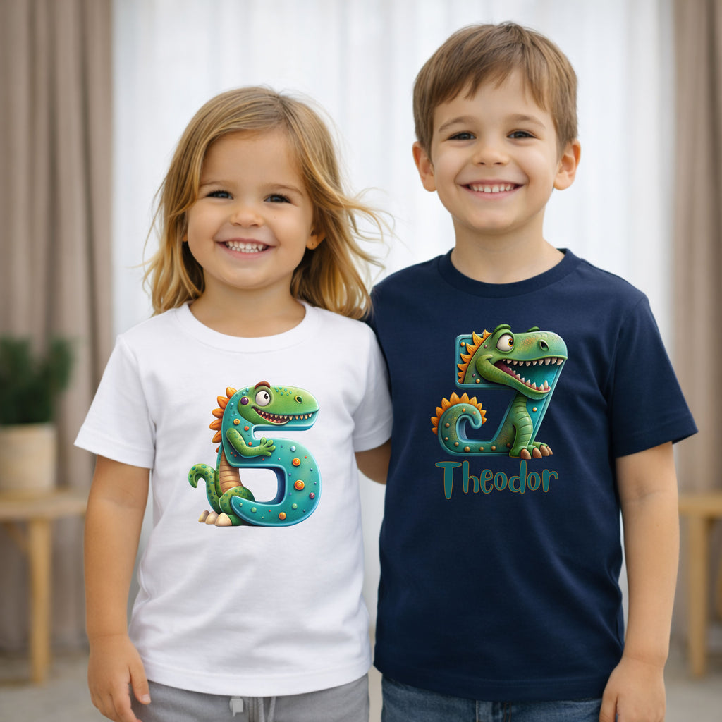 Geburtstagsshirt Kinder T-Shirt mit Dino Motiv personalisiert mit Name und Alter