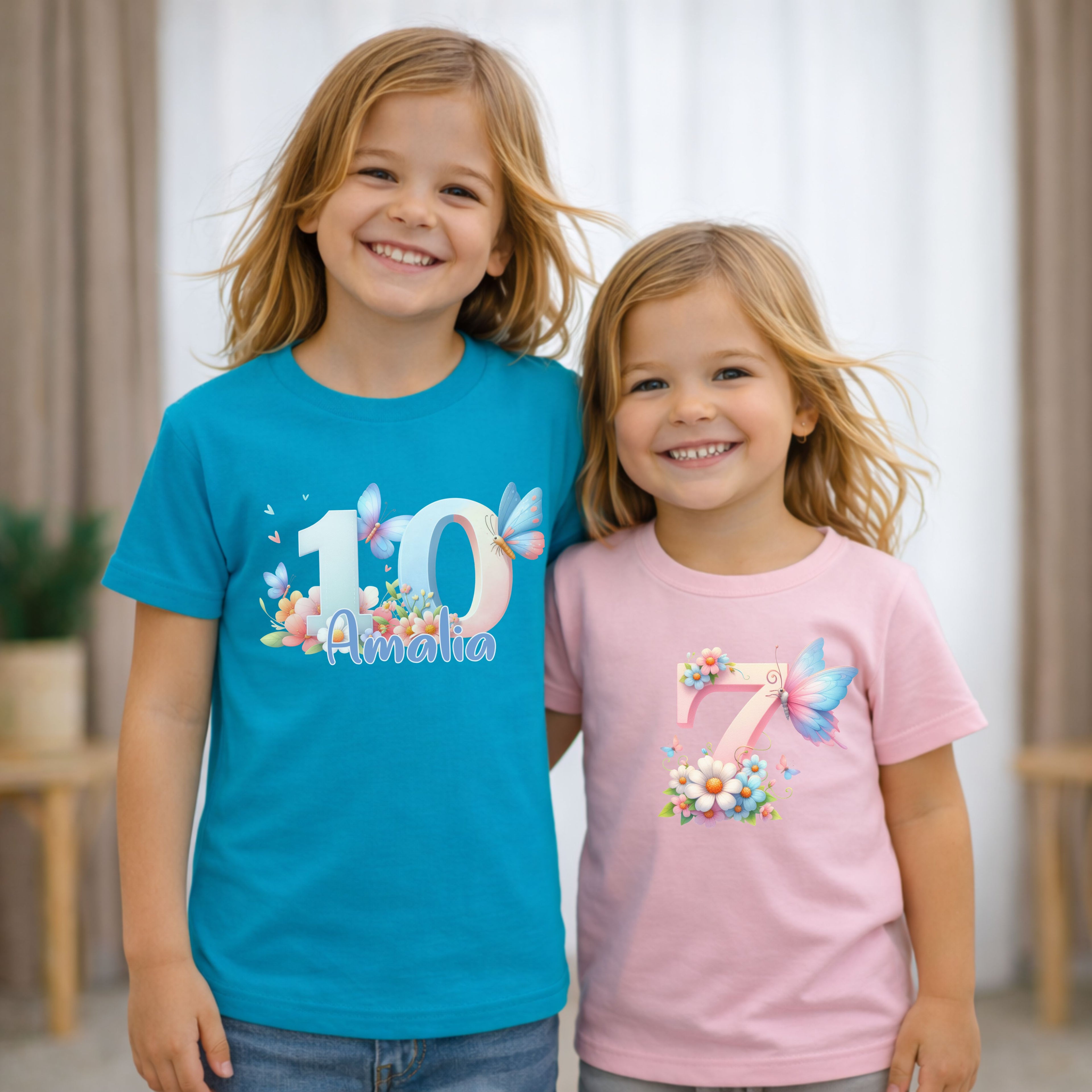 Geburtstagsshirt Mädchen T-Shirt mit Schmetterling Motiv personalisiert mit Name und Alter