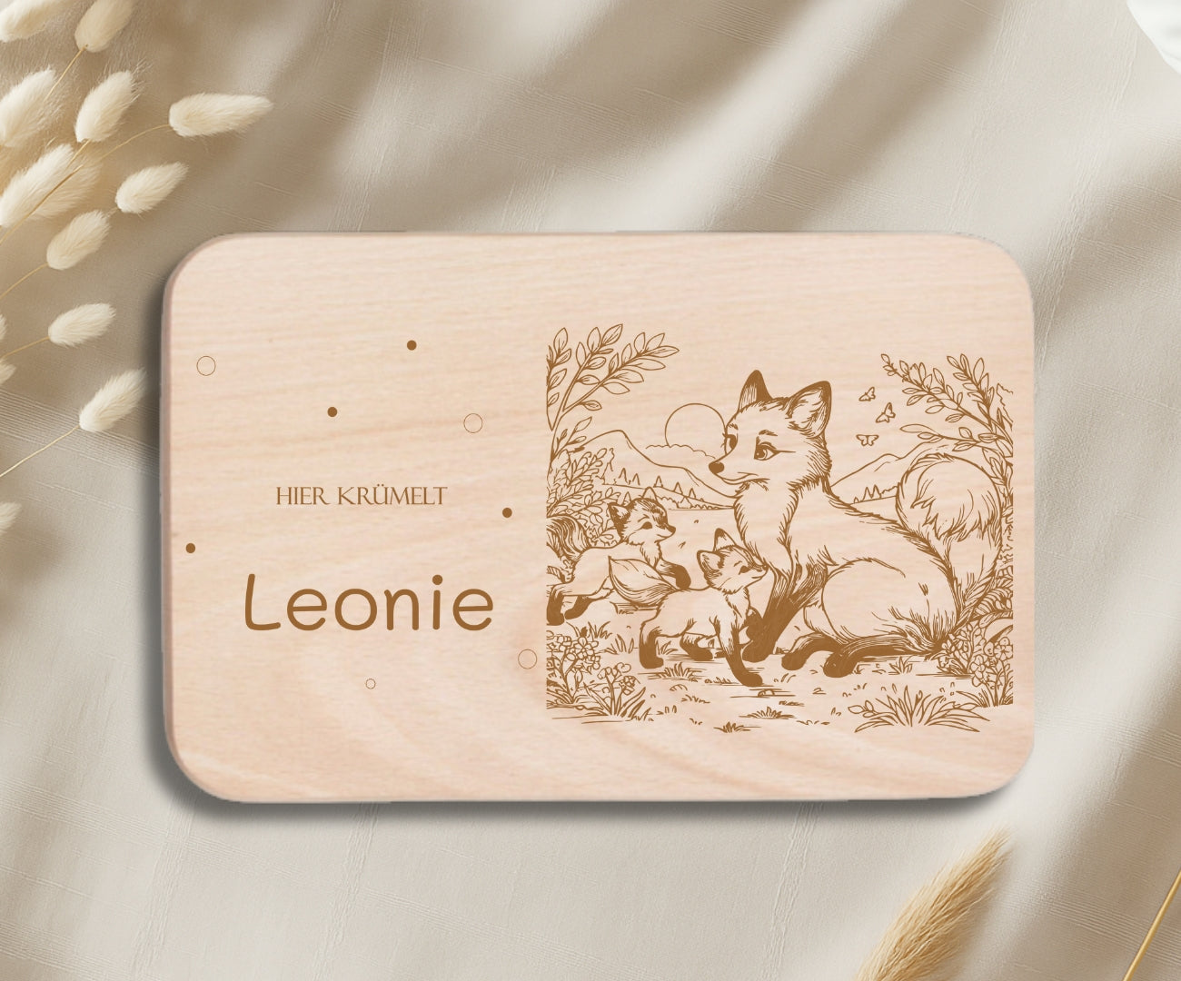 Personalisiertes Frühstücksbrettchen Kinder – Tierfamilien Gravur (Fuchs, Pferd, Hamster, Bär, Katze & Hund)