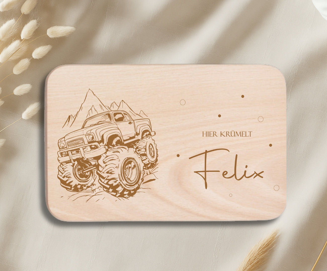 Personalisiertes Frühstücksbrettchen Kinder – Monstertruck Motiv mit Gravur