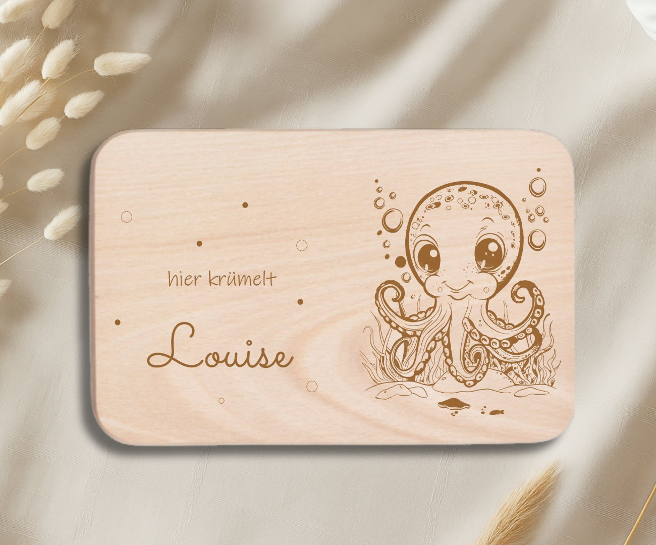 Personalisiertes Frühstücksbrettchen Kinder – Unterwasserwelt Gravur (Fische, Hai, Oktopus & Meeresschildkröte)