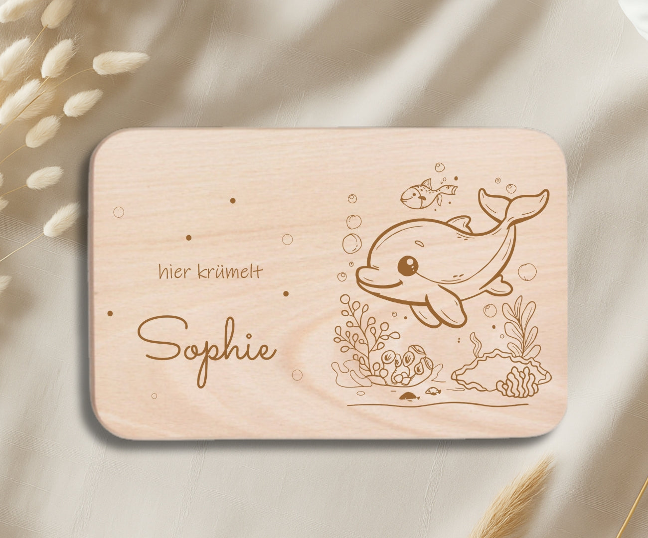 Personalisiertes Frühstücksbrettchen Kinder – Unterwasserwelt Gravur (Fische, Hai, Oktopus & Meeresschildkröte)