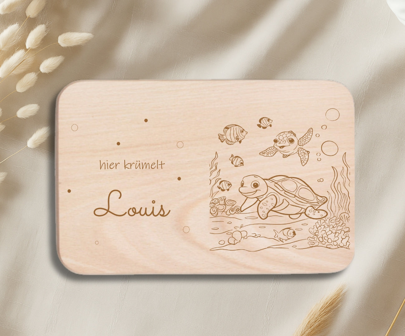 Personalisiertes Frühstücksbrettchen Kinder – Unterwasserwelt Gravur (Fische, Hai, Oktopus & Meeresschildkröte)