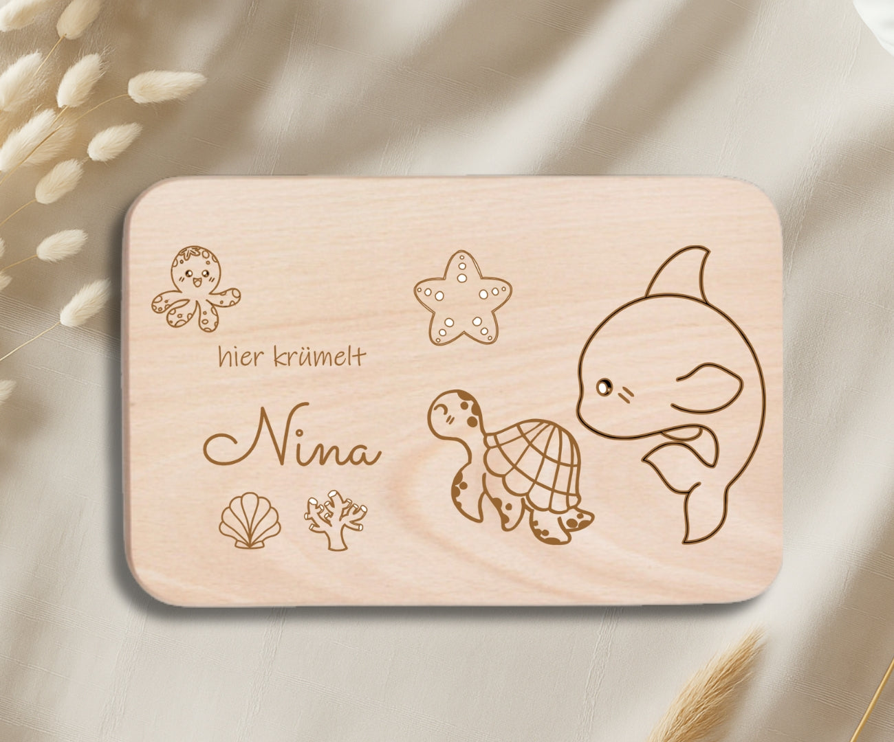 Personalisiertes Frühstücksbrettchen Kinder – Unterwasserwelt Gravur (Fische, Hai, Oktopus & Meeresschildkröte)
