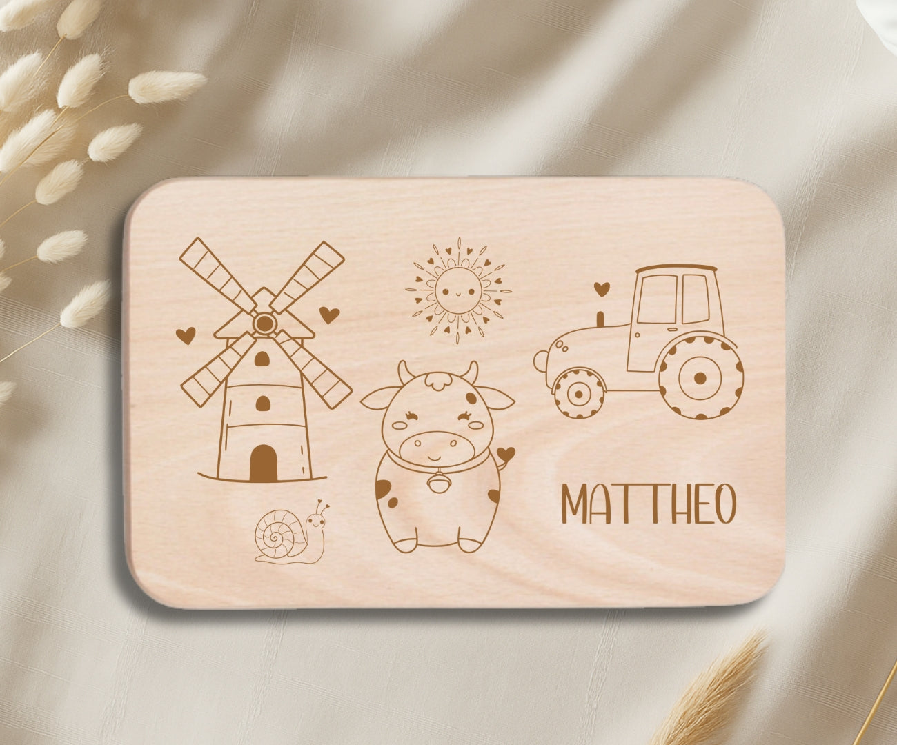 Personalisiertes Holzbrettchen Kinder – Bauernhof Motiv mit Gravur (Kuh, Pferd, Schaf, Dorf)