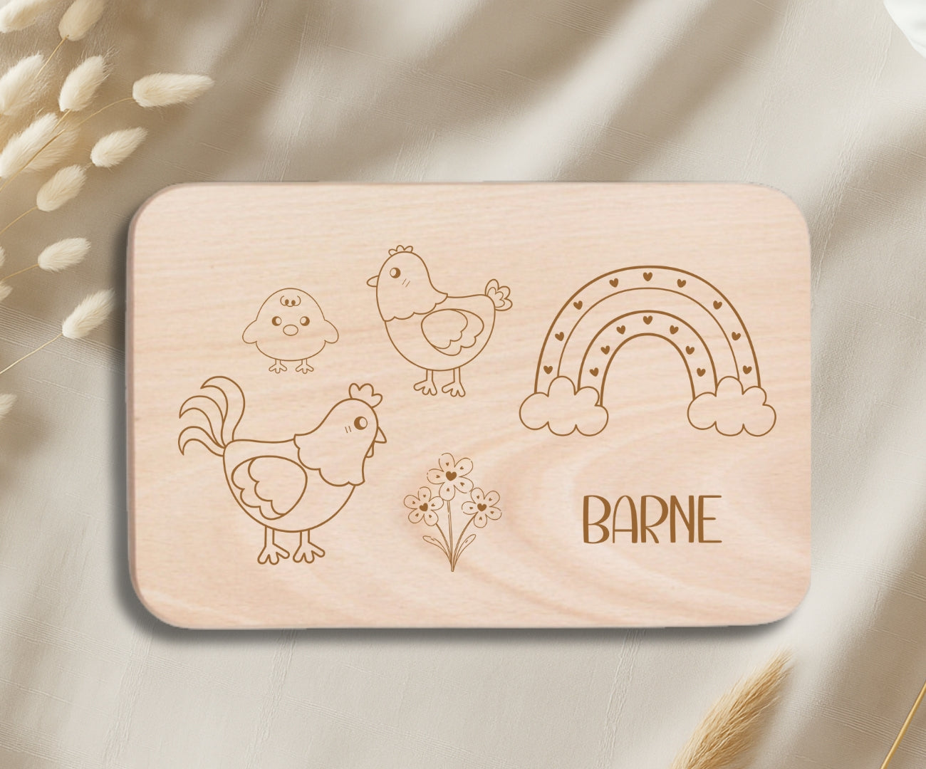 Personalisiertes Holzbrettchen Kinder – Bauernhof Motiv mit Gravur (Kuh, Pferd, Schaf, Dorf)