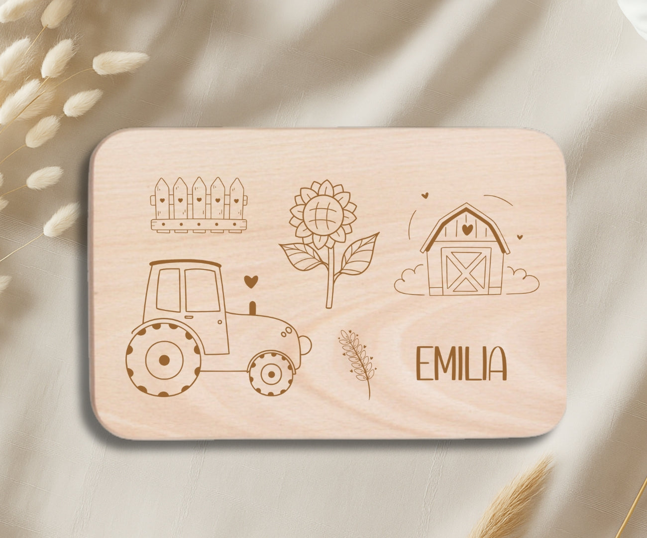 Personalisiertes Holzbrettchen Kinder – Bauernhof Motiv mit Gravur (Kuh, Pferd, Schaf, Dorf)