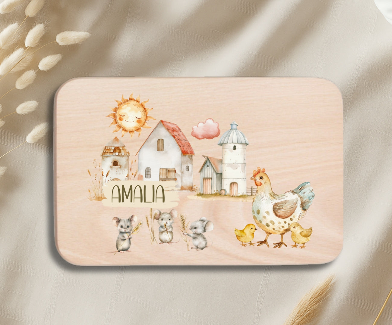 Personalisiertes Holzbrettchen Kinder – Bauernhof Motiv mit Name