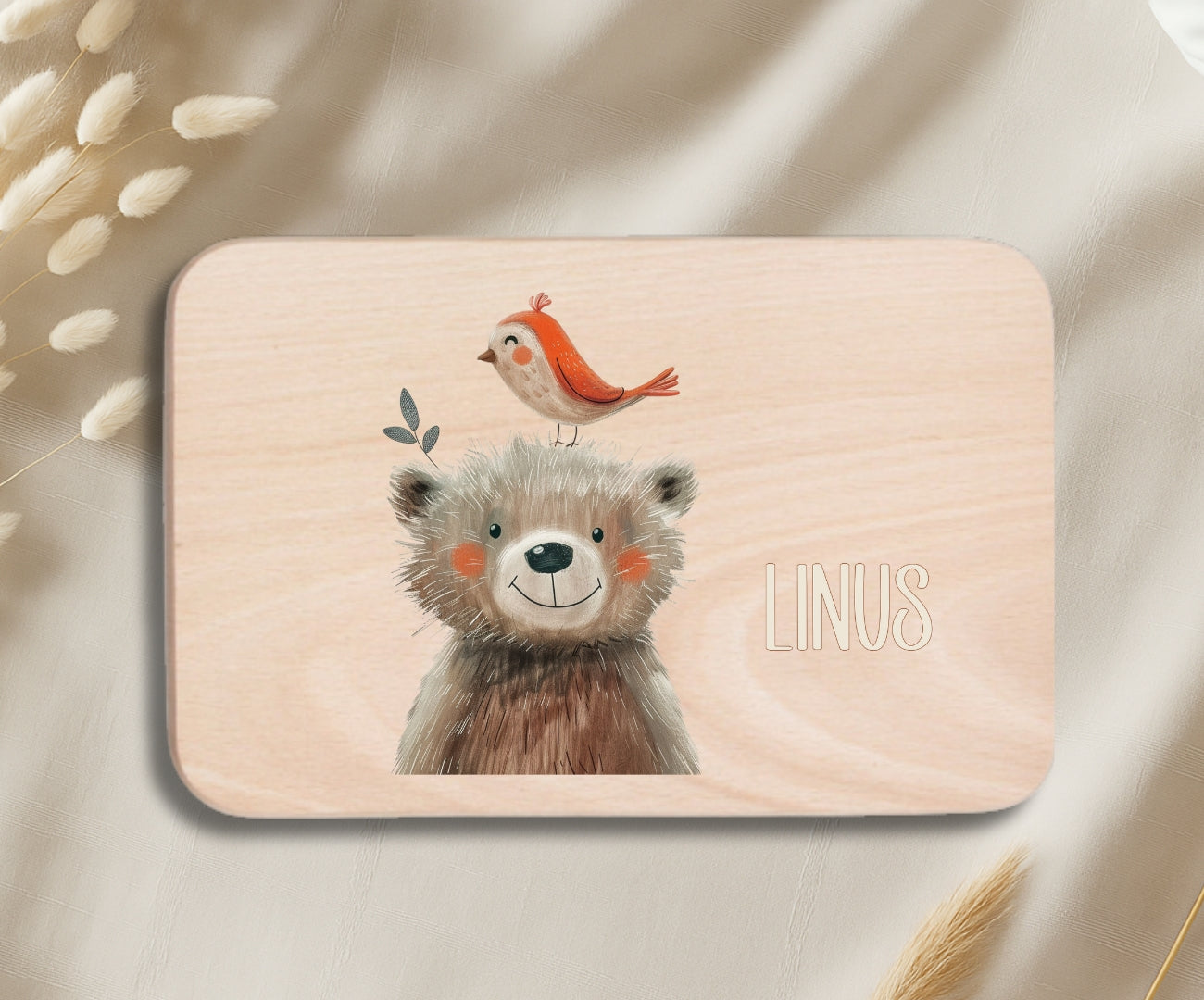 Personalisiertes Holzbrettchen Kinder – Beige Tiermotive mit Name