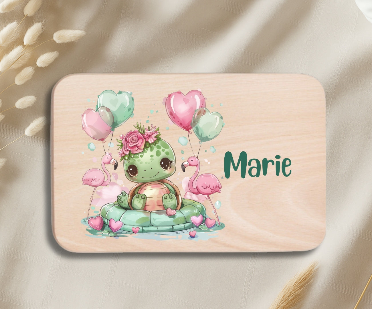 Personalisiertes Holzbrettchen Kinder – Grüne Tierchen Motiv mit Name