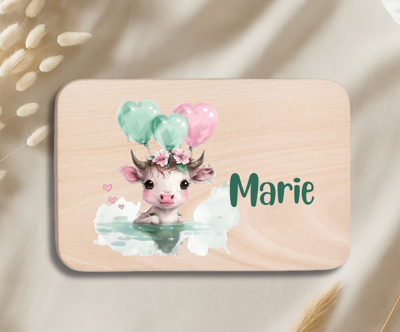 Personalisiertes Holzbrettchen Kinder – Grüne Tierchen Motiv mit Name