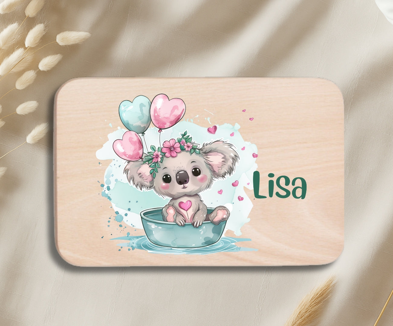 Personalisiertes Holzbrettchen Kinder – Grüne Tierchen Motiv mit Name