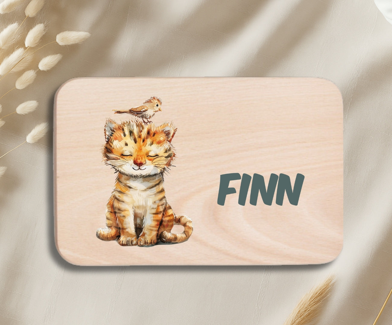 Personalisiertes Holzbrettchen Kinder – Bunte Tiermotive mit Name