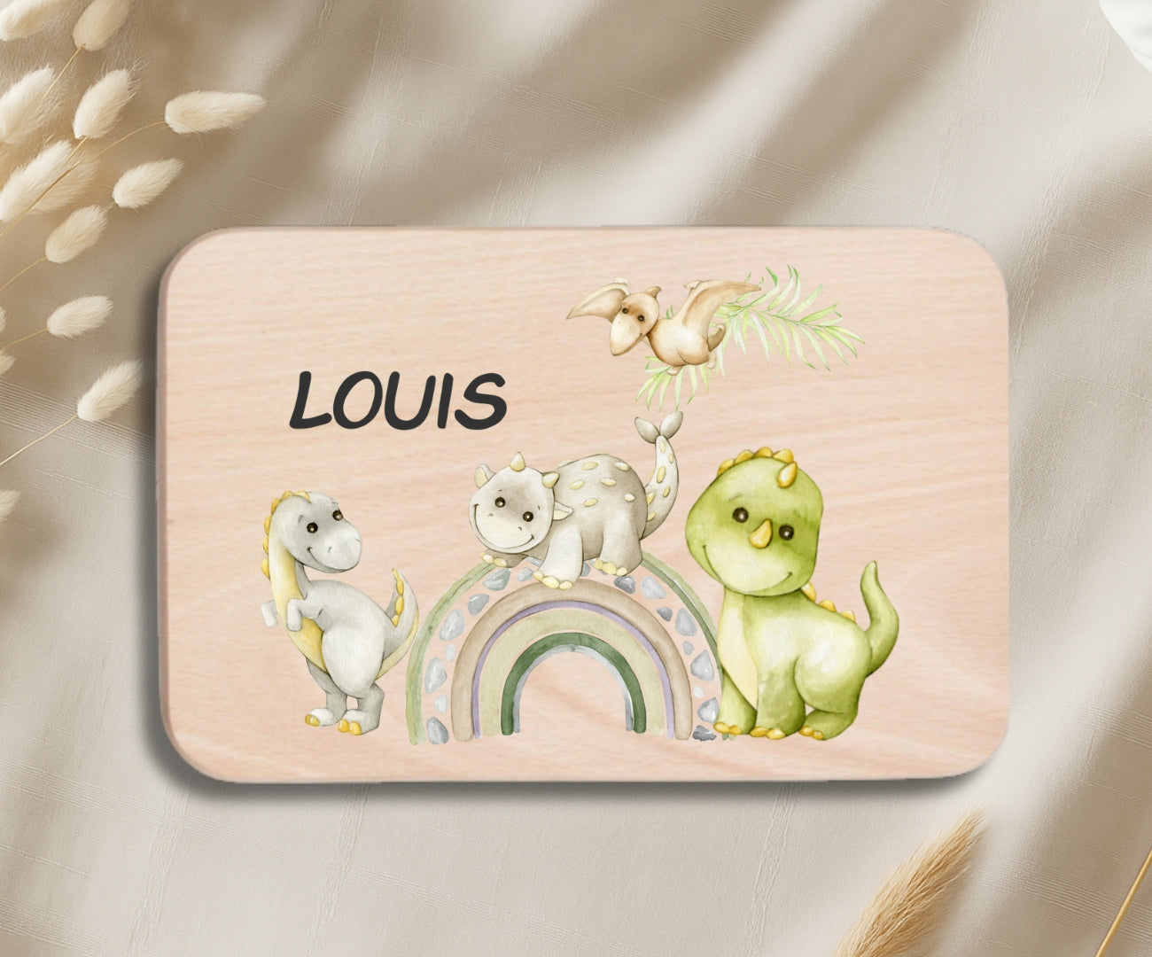 Personalisiertes Holzbrettchen Kinder – Dino Motiv mit Name