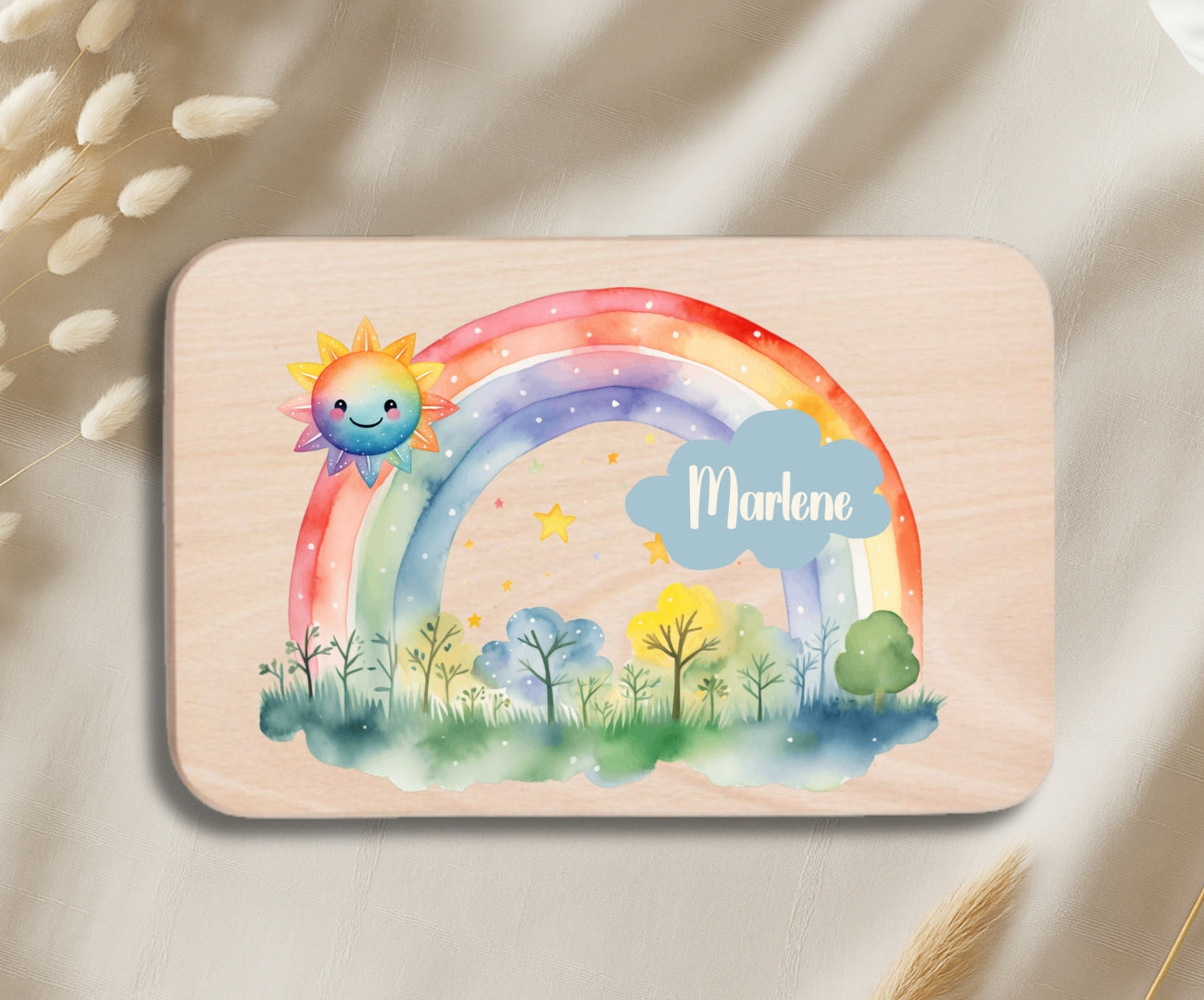 Personalisiertes Holzbrettchen Kinder – Regenbogen Motiv mit Name