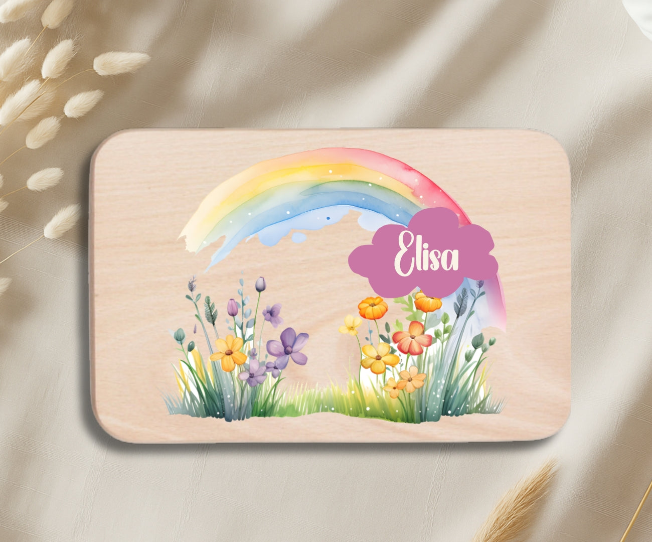 Personalisiertes Holzbrettchen Kinder – Regenbogen Motiv mit Name