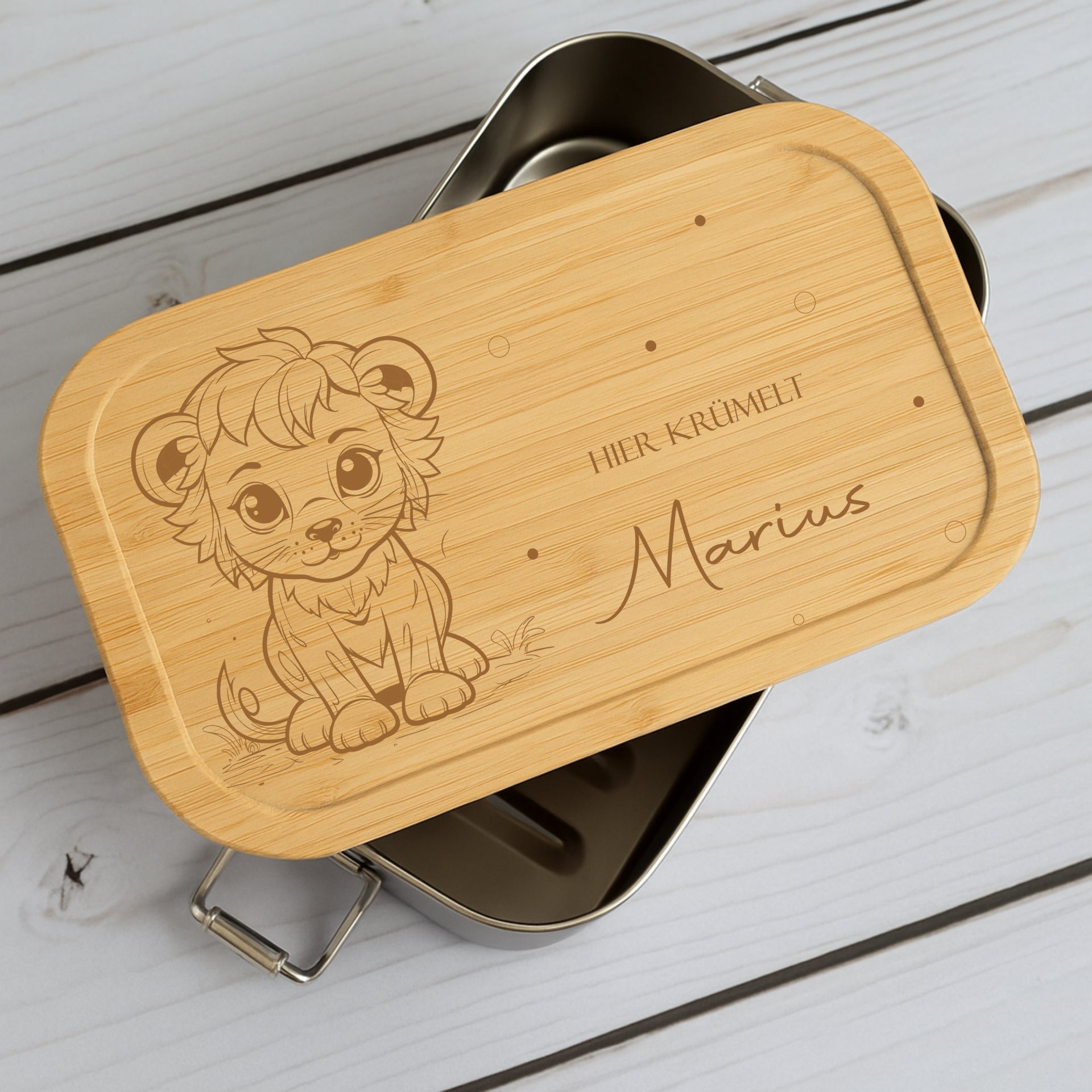 Brotdose Metall Dschungeltiere – Lunchbox mit Holzdeckel & Name