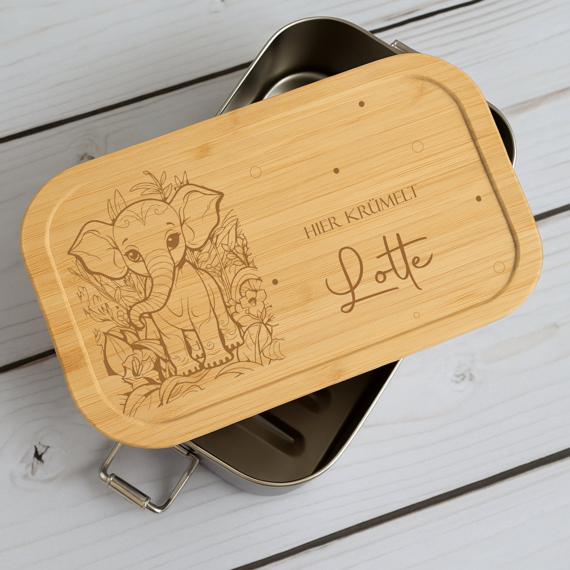 Brotdose Metall Dschungeltiere – Lunchbox mit Holzdeckel & Name