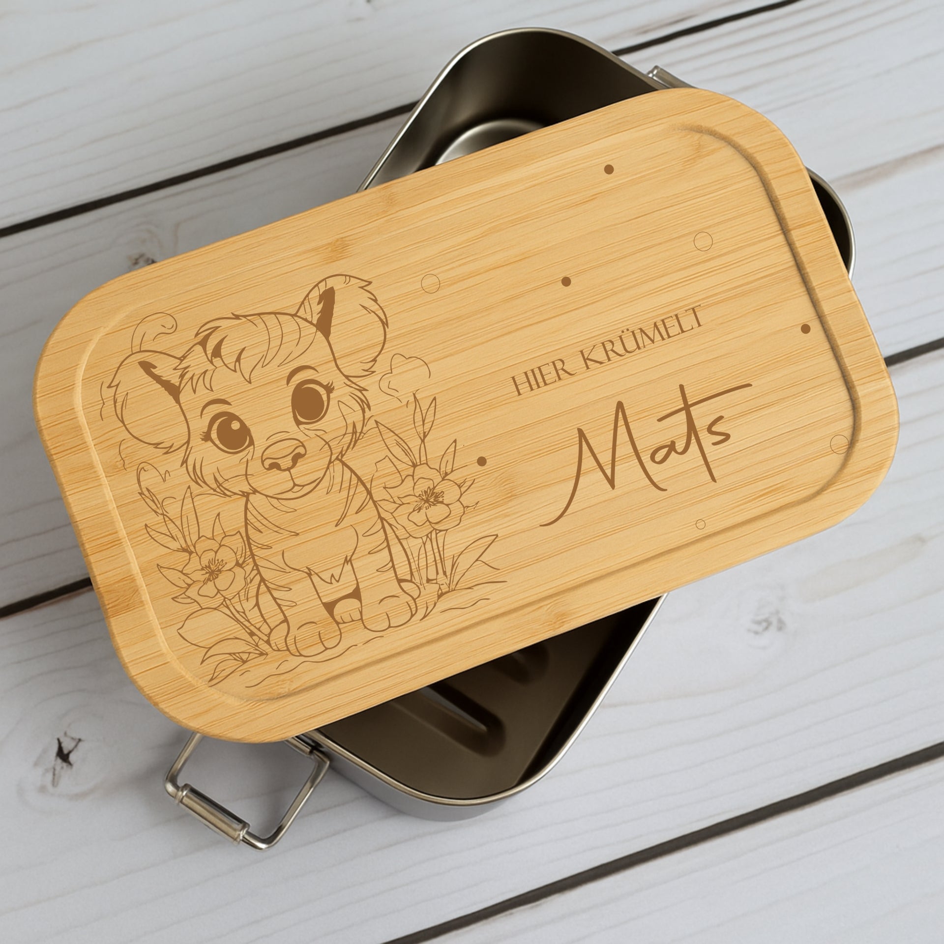 Brotdose Metall Dschungeltiere – Lunchbox mit Holzdeckel & Name